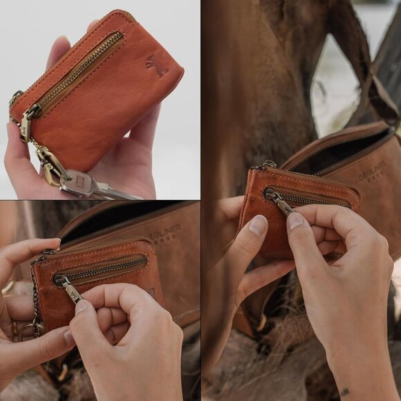 Vintage Leather Key Case Small RFID Blocker Genuine Vegetable Tanned Men Women - Picture 6 of 9